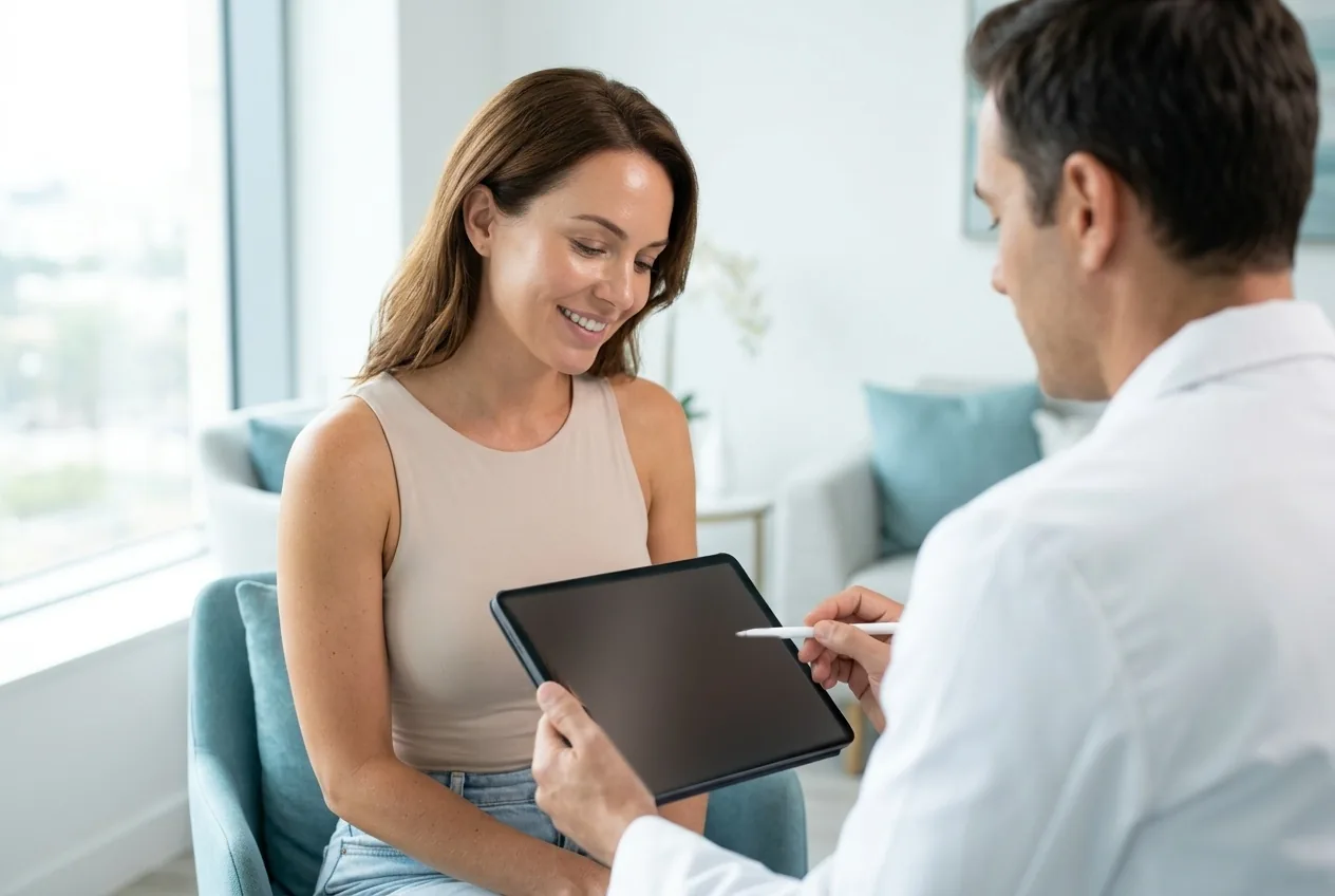 Un medico mostra una simulazione su tablet durante una consulenza.